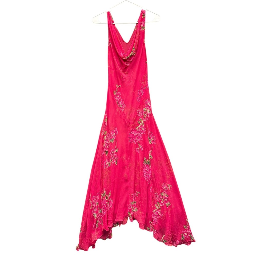 Vintage Pink Floral Beaded Cowl Neck Handkerchief Hem Silk Maxi Dress Fairycore